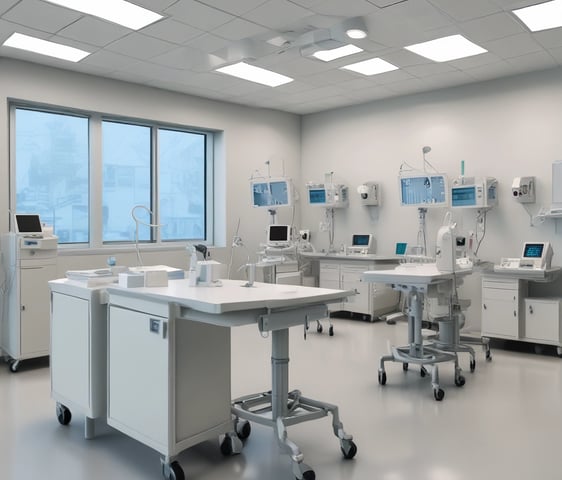 A medical device is positioned against a plain background. The machine features a screen displaying various icons and controls, likely for diagnostic purposes, and an apparatus for eye examination.