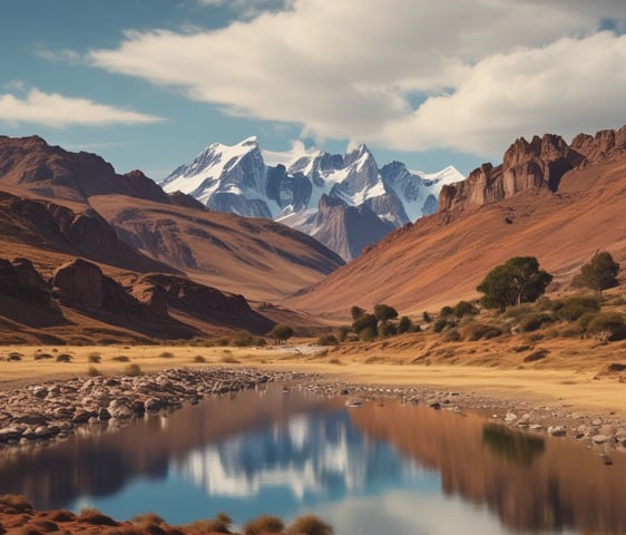 una escena de montaña con un lago y montañas en el fondo