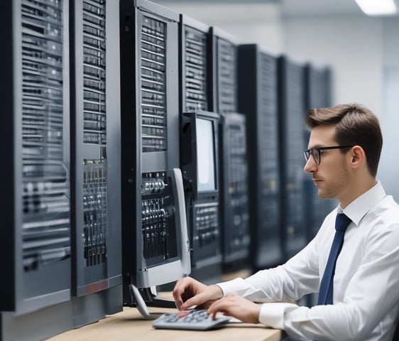 A hand holding a thermal scanner is pointed towards a rack of computer servers. The servers are illuminated with blue LED lights, giving a technological and futuristic feel.