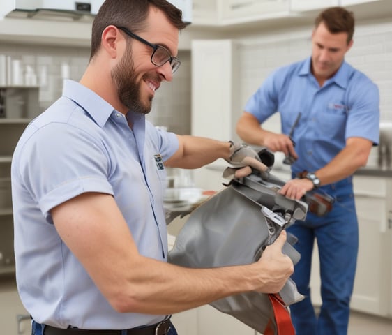 A yellow and black electric sander rests on a wooden cabinet door placed on a pair of sawhorses. The background features a blurred house exterior with a plant, conveying a home improvement setting.
