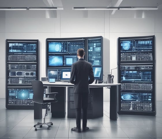 A high-tech server with multiple metal storage units connected through cables on a glossy blue surface, giving a futuristic impression.