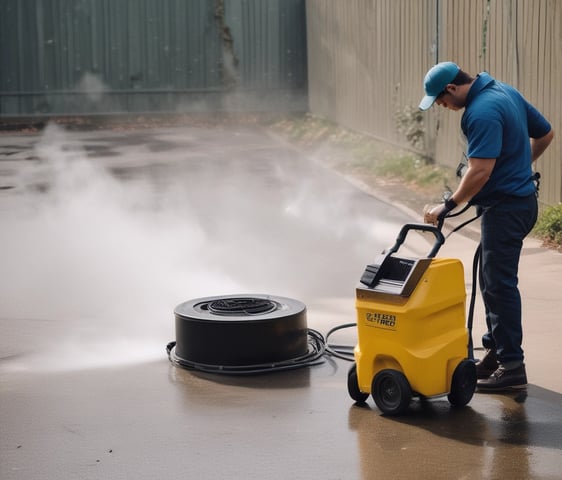 A person in a cleaning uniform is pushing a floor cleaning machine in front of a large wall made of blue-tinted glass blocks. The shadowed silhouette of another person is visible in the foreground, captured mid-step, creating a dynamic sense of motion.