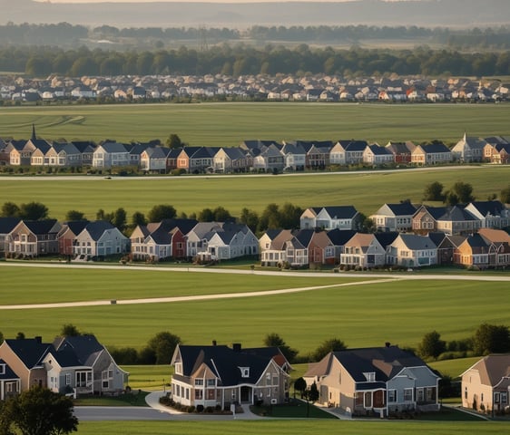 Aerial view showcasing a residential area with rows of houses featuring red-tiled roofs surrounded by green lawns and swimming pools. The community is bordered by a large, expansive golf course with neatly mowed fairways and scattered trees. In the background, lush hills and distant mountain ranges are visible under a clear blue sky.