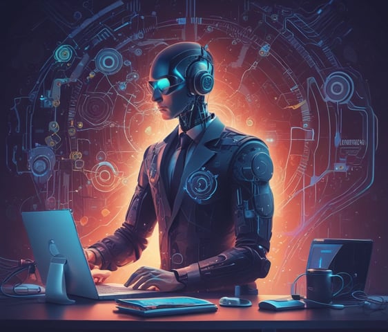 Four small, white robot figures are sitting in a row, each with a laptop in front of them. They have round bodies and blue accents, with 'AI' displayed on their chests. The background is minimal and light gray, emphasizing the robots and their computers.