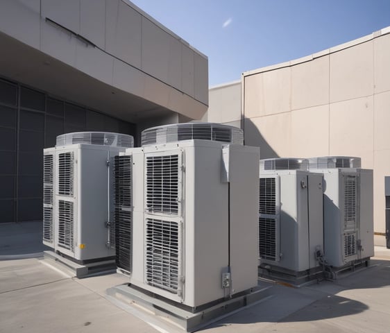 A densely packed wall with numerous air conditioning units attached at various heights. There are several metal ladders placed vertically and horizontally around the units. Various cables and ducts are seen running from the units, and the entire setup has an industrial and cluttered appearance.