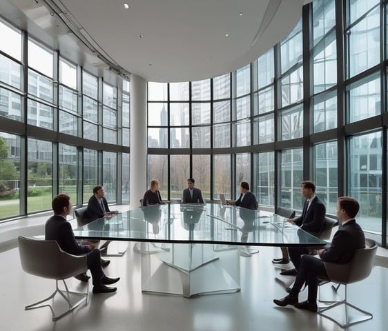 A professional consultation setting with a medical professional sitting at a desk facing a client. The room has a modern aesthetic with white walls decorated with framed certificates. The desk is organized with office supplies, a laptop, and a fruit bowl in the center.