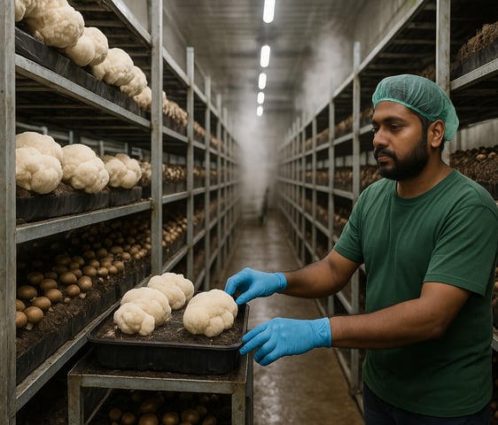 Inspecting a tray of Lion’s Mane mushrooms on a metal shelf.