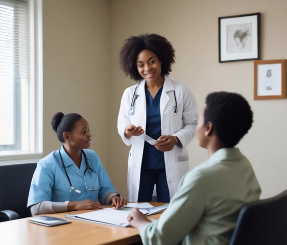 A professional consultation setting with a medical professional sitting at a desk facing a client. The room has a modern aesthetic with white walls decorated with framed certificates. The desk is organized with office supplies, a laptop, and a fruit bowl in the center.