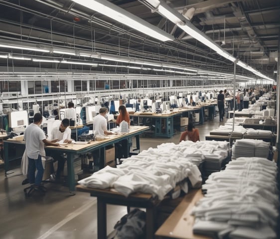 A spacious industrial facility with metal machinery and equipment, featuring a production line with a focus on textile processing. Brightly colored fabrics are moving through the machines, and there are large rolls of fabric and textile materials nearby. The environment is clean and organized, with a high ceiling and visible ductwork.