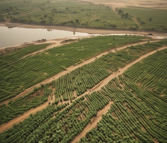 An aerial view of agricultural fields with a river cutting through the landscape. The fields are divided into rectangular patches, some covered with dark-colored materials, possibly solar panels or greenhouses. Several boats are visible on the river, suggesting transportation or trade activity. Infrastructure like roads and buildings are also visible, indicating human settlement and development.