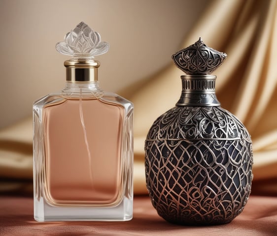 A display of four boxed fragrances set in a white tray, surrounded by fresh citrus fruits including oranges, lemons, and limes. Yellow flowers in a glass vase add a touch of freshness, and the background is a light, textured fabric.