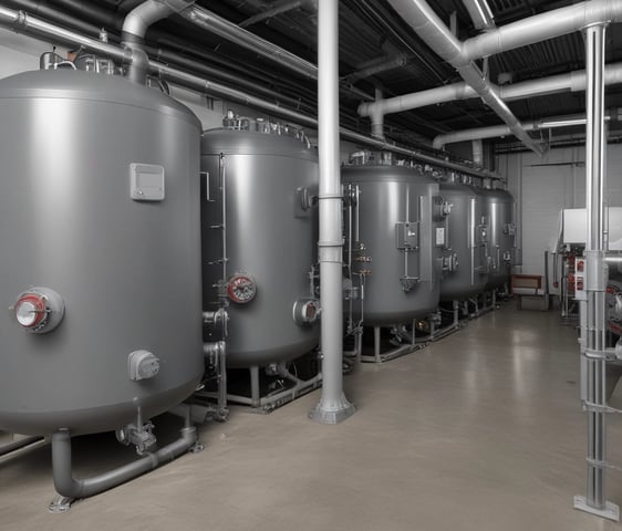A complex manifold system with multiple white pipes connected in parallel to a row of valves. Several gauges are visible, as well as an assortment of knobs and control switches. The setup appears part of a heating or plumbing system, with wiring and connectors visible. The background shows a partially unfinished wall, suggesting an installation in progress or maintenance area.