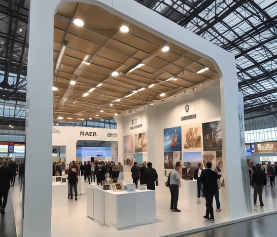 A bustling exhibition hall filled with people attending a financial conference or trade event. Prominent displays and booths from companies like Scope Markets, Daman Markets, and Hantec Markets are visible. Attendees are engaged in conversations, networking, and exploring the offerings and information provided by the exhibitors.