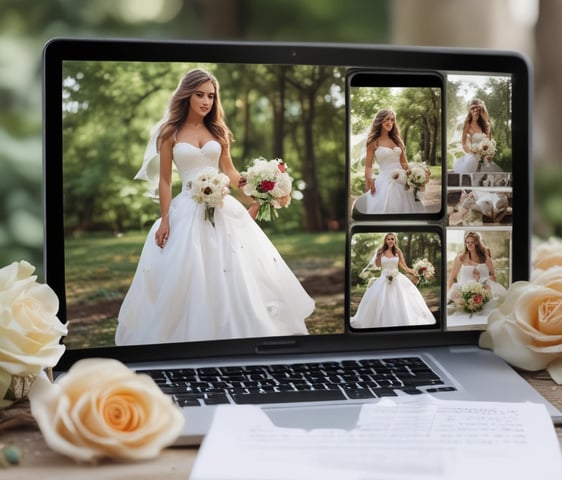 A newlywed couple dressed in traditional attire is posing for a photograph. The groom is wearing a black suit with a red tie, accompanied by a black traditional cap and a garland of flowers around his neck. The bride is adorned in an intricate white dress with detailed beadwork and a headdress with floral decorations. She has henna on her hand, and they are both showing their hands in a traditional gesture. The background features blurred floral decorations and a white upholstered chair.