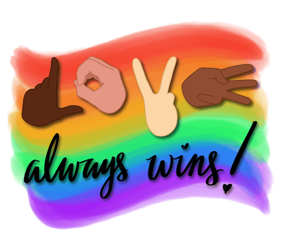 illustration stating "Love" in sign language "always wins" with rainbow banner