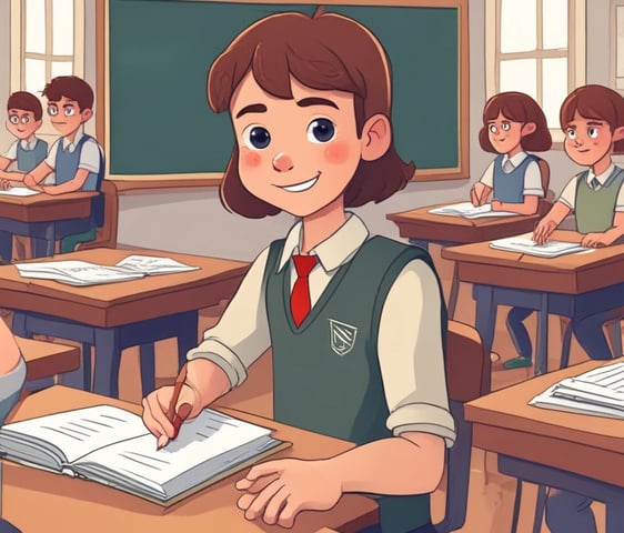 A classroom filled with young students wearing uniforms in shades of green and blue. The walls are adorned with chalkboards and posters, and natural light filters through a window. The students are seated at wooden desks, some are smiling while others look attentive.