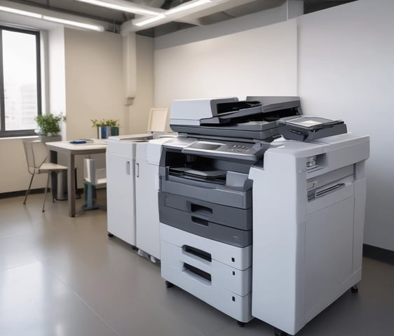 A large digital printing machine inside a room, producing a vivid banner with pink, black, and white colors. The machine has a blue exterior with multiple control buttons and switches, situated against a neutral-colored wall with a few posters and signs.