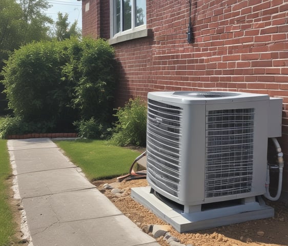 Numerous air conditioning units are densely packed on the exterior wall of a multi-story building. The image shows a very urban setting, with a grid-like arrangement of metal platforms supporting the units. Adjacent to this setup is a zigzagging metal staircase, leading to various floors of the building. The overall appearance is industrial and cluttered.