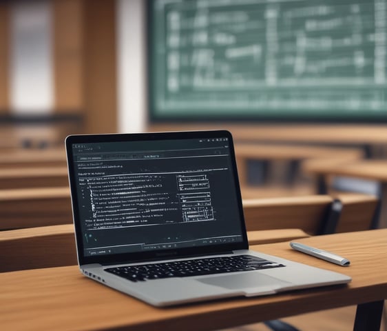 A laptop displaying coding software is placed on a wooden desk in a lecture hall. Behind the laptop, chalkboards can be seen with written equations and notes. The environment suggests an educational or programming context.