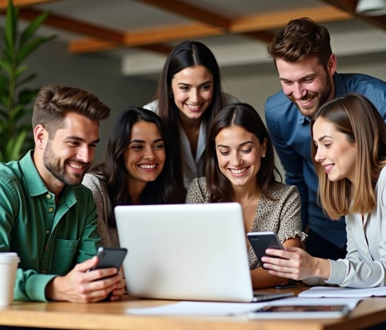 a group of people sitting around a table with a laptop and a cell phone