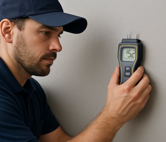 technician taking moisture readings on a wall