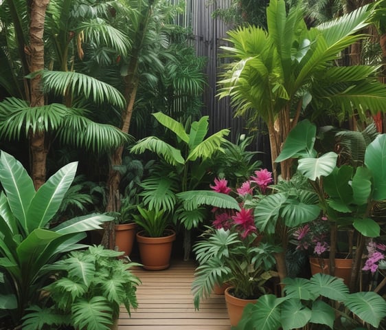 A lush, green plant nursery sheltered by a teal netting, with rows of potted plants neatly arranged on either side of a dirt path, creating a serene, nature-rich environment.