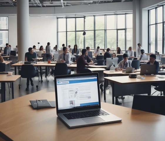 A laptop computer with a website displayed on the screen featuring the text 'Exceptional Web Application design & development'. The laptop is on a dark surface, and the website has a clean and modern design with a light background and colorful text elements.