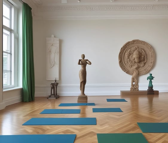 A person is practicing yoga on a blue mat in an art gallery setting. The room has wooden floors and is decorated with sculptures placed on pedestals. The background features a green partition and a bust sculpture. The lighting is soft, creating a serene ambiance.