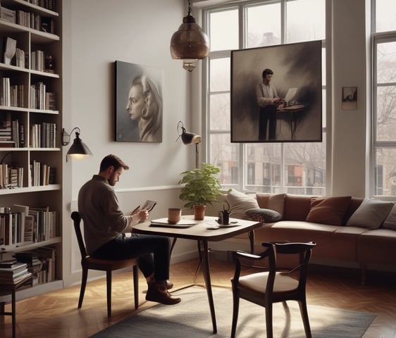 A row of self-help and business books stands upright on a table, adjacent to a laptop and a hand typing. The books have colorful covers, including titles like 'Atomic Habits' and 'The 4-Hour Work Week.' The setting appears dimly lit with a focused spotlight on the books, creating a cozy, studious ambiance.