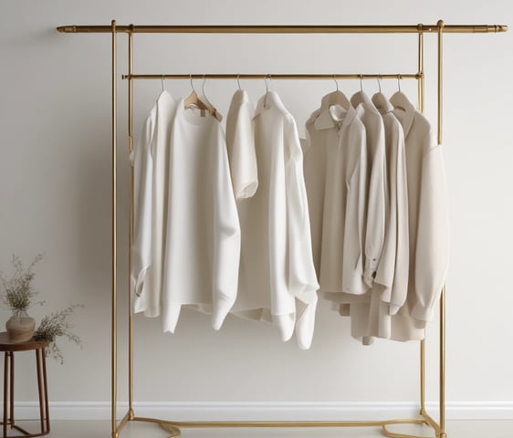 A well-lit clothing store interior featuring neatly arranged racks of clothing. There are various sections with diverse apparel including shirts, jackets, and pants in multiple colors. The center displays handbags and a table with folded clothes. The store has a modern design with wooden flooring and spotlights on the ceiling.