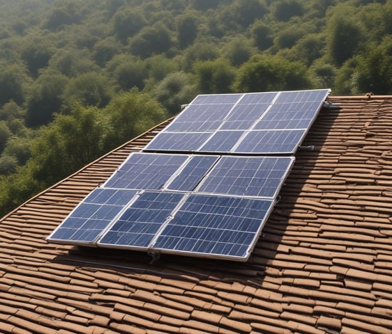 Two individuals are working on a rooftop adorned with rows of green, orange, and red shingles. One person is crouching down while the other is kneeling near a solar panel.