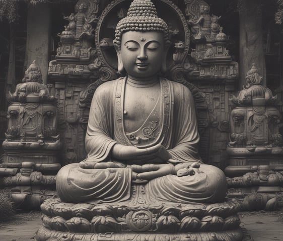 A large Buddha statue is positioned on a hill, partially obscured by an ornate traditional Asian architectural structure. The building features intricate carvings and Chinese script. Trees are visible in the background, enhancing the serene atmosphere.