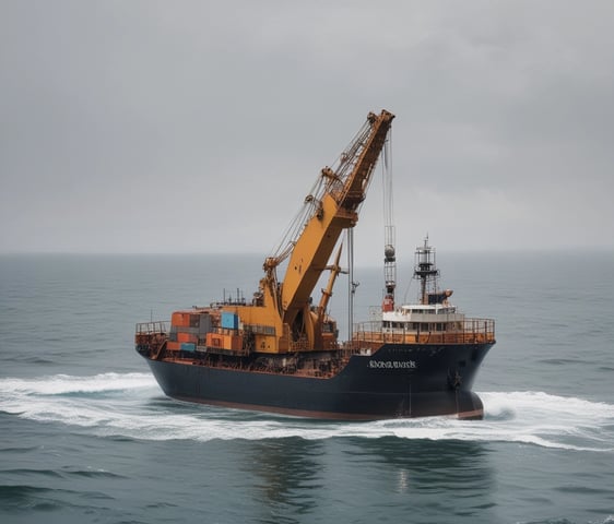 A blue and red dredging machine floats on a calm, reflective body of water, surrounded by lush green trees and vegetation. The machine is equipped with multiple attachments and appears to be in operation, with various mechanical parts visible.