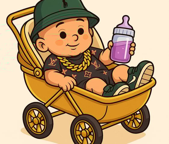Illustration eines stilvoll gekleideten Baby-Charakters mit grünem Bucket Hat und goldener Kette, entspannt in einem goldene
