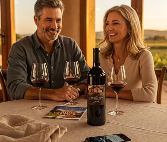 Pareja de huéspedes disfrutando cata de vinos en bodega local, botella con etiqueta del hotel, logo de Hoténtico en folleto, 