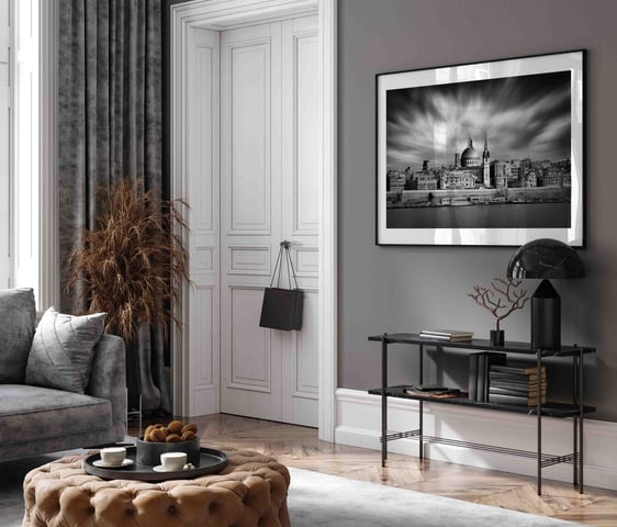 Black and white fine art photograph of Valletta, Malta, framed and hanging on a wall