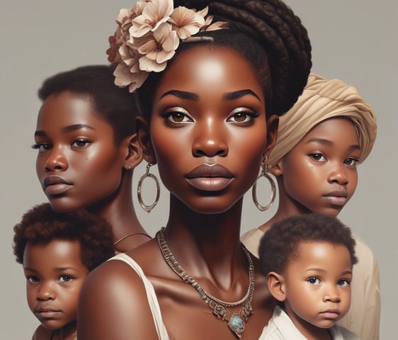A person with smooth, dark skin is captured in a low-light setting against a deep red background. The lighting accentuates the contours of the face and shoulders. Large geometric earrings add an element of modern style.