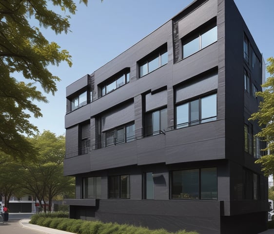 A modern architectural structure featuring large stone walls. The walls are composed of gray, speckled stones in a geometric pattern, and there is a section of smooth, cream-colored stone. A bright blue-tinted glass window contrasts with the textural stone surfaces.