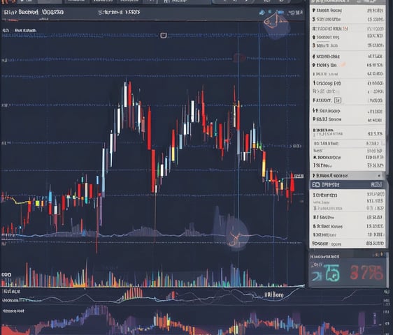 A digital financial chart with green and red zigzag lines on a dark background, representing market trends. Below the main graph, there are smaller charts featuring bar indicators in red and blue, along with a yellow line graph.