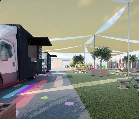 Projet 3D d’un espace public structuré autour de food trucks, zones de convivialité et mobilier urbain.