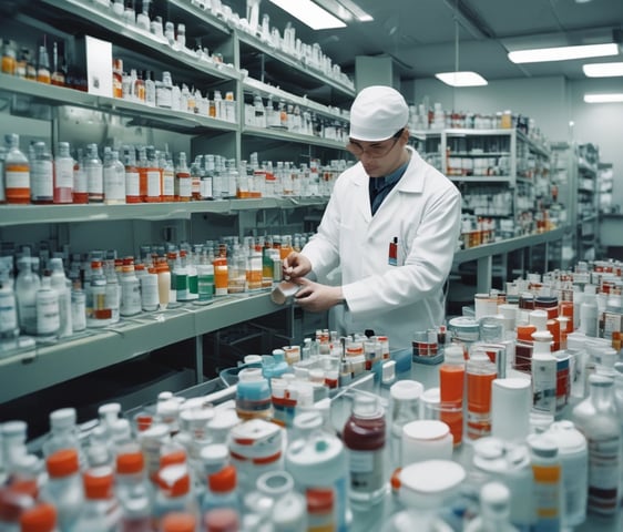 A clean and well-organized pharmacy interior with bright lighting. The central counter is labeled for prescriptions and is surrounded by shelves stocked with various pharmaceutical products. The predominant color scheme involves green and white, reflecting the pharmacy's branding. The aisles are spacious and neatly arranged with products.