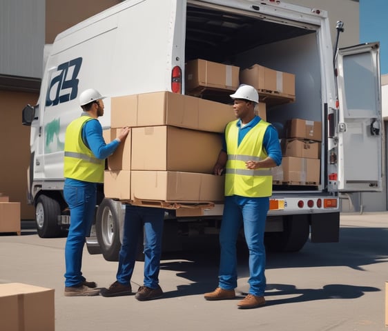 create a image of a team of independent carrier contractor working as a team and loading up vehichle