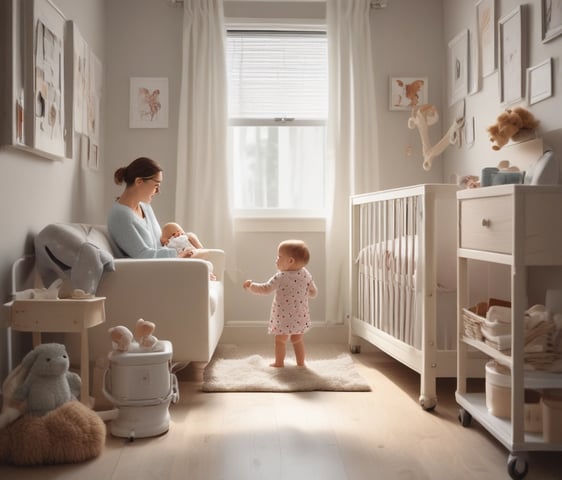 A baby lies on a white quilt surrounded by various baby care products, such as lotions, baby oil, and diapers. The baby is wearing a white diaper with colorful hair ties scattered around. Bright packaging and diverse product shapes create an organized composition.