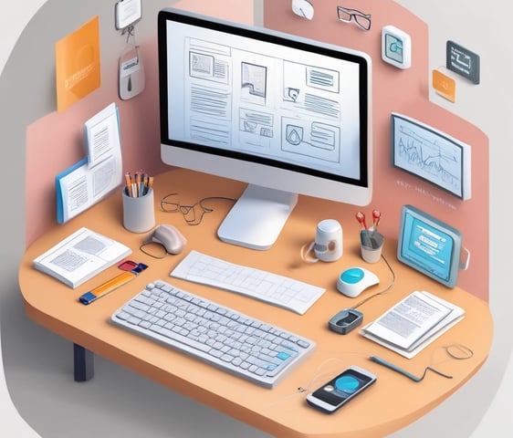 A modern workspace features a large curved monitor displaying a web agency page, surrounded by various items including a laptop, a smartphone, a wireless keyboard, headphones, and a stylus pad. The setup is neatly arranged on a wooden desk against a dark wall, creating a sleek and professional look.