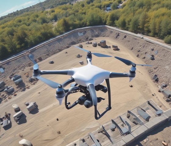 A white drone with four propellers is captured mid-flight against a blurred, dark green background. The drone is centrally composed, with its camera and sensors clearly visible, giving an impression of precision and advanced technology.