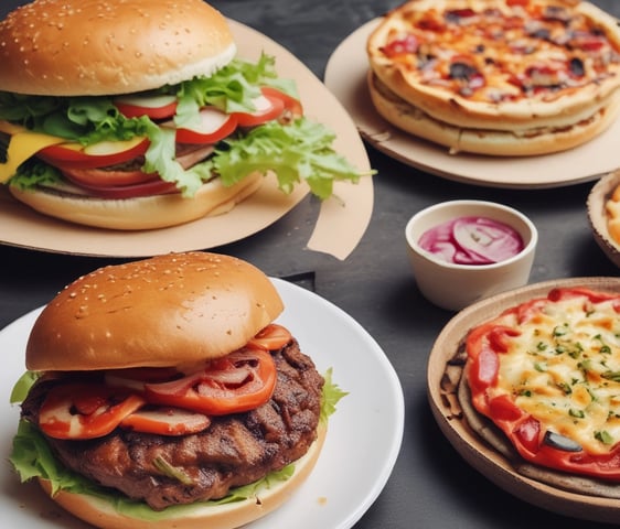 A freshly prepared burger with a glossy, golden-brown bun sits on a round, black serving plate. The burger is filled with layers of vibrant green lettuce, juicy tomato slices, crispy fried chicken, melted cheese, and bright red peppers. A generous portion of golden-brown seasoned fries is placed beside the burger, complementing the meal.