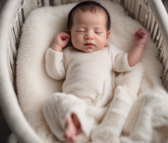 A baby wearing knitted accessories, including a hat and diaper cover, is peacefully lying on a soft, white blanket. Beside the baby is a plush, knitted carrot.