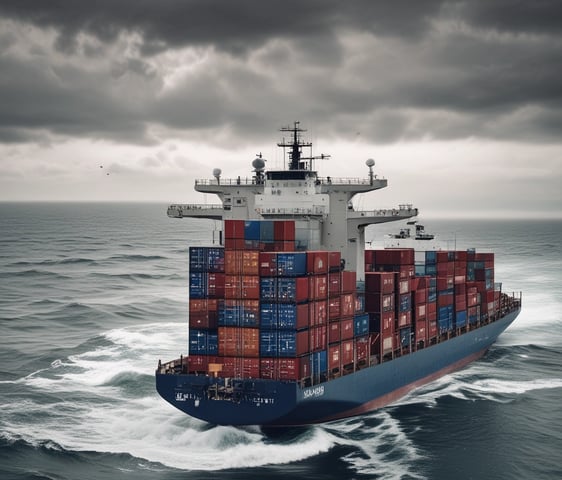 Several stacked shipping containers, predominantly showcasing the brands 'CMA CGM' on blue containers and 'EVERGREEN' on green containers. Below the containers is a blue and white sign with Asian characters.