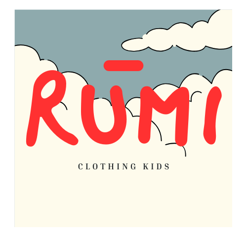 RŪMI Kidswear dengan teks merah bergaya playful dan latar awan ilustratif.