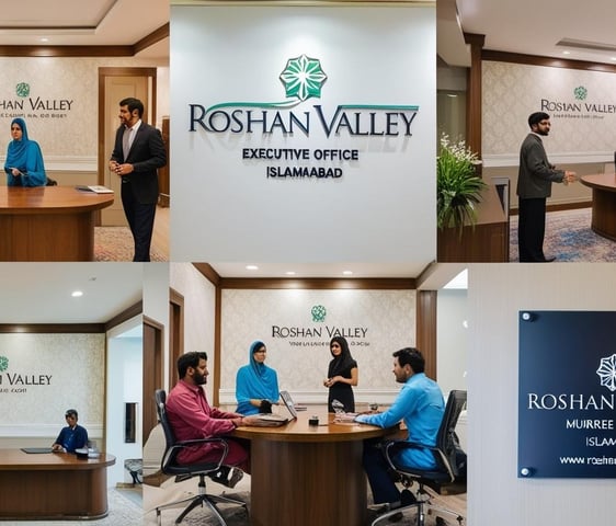 a group of people standing around a table with a sign that says roshan valley